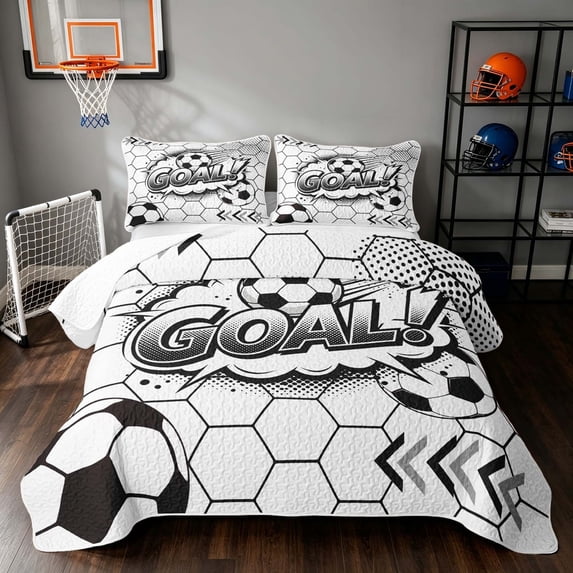 Manfei Football Sports Quilt King, Geometric Honeycomb King Coverlet Set, Black White, Reversible 3-Piece, 1 Bedspread and 2 Pillowcases