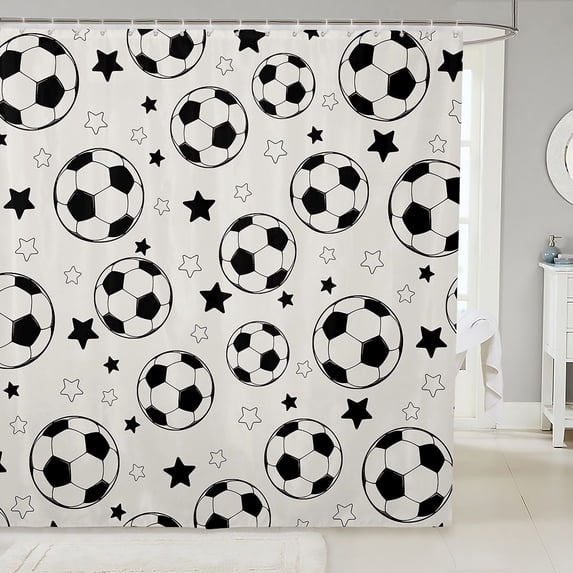 Manfei Football Sports Shower Curtain 72Wx78L, Cartoon Stars Bath Curtain, Cream Black