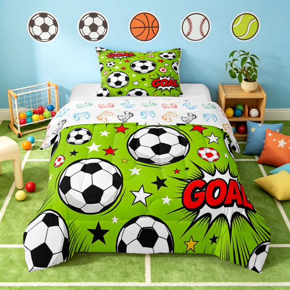 Manfei Football Sports Twin Comforter Sets, Goal Print Bedding Set, Lime Green Soccer, Colorful Gamepad Reversible 2 Pieces 1 Comforter and 1 Pillowcase