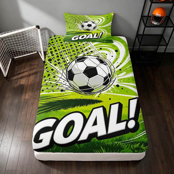 Manfei Football Sports Twin Fitted Sheet, Goal Print Bedding, Green White 2-Piece, 1 Fitted Sheet and 1 Pillowcase