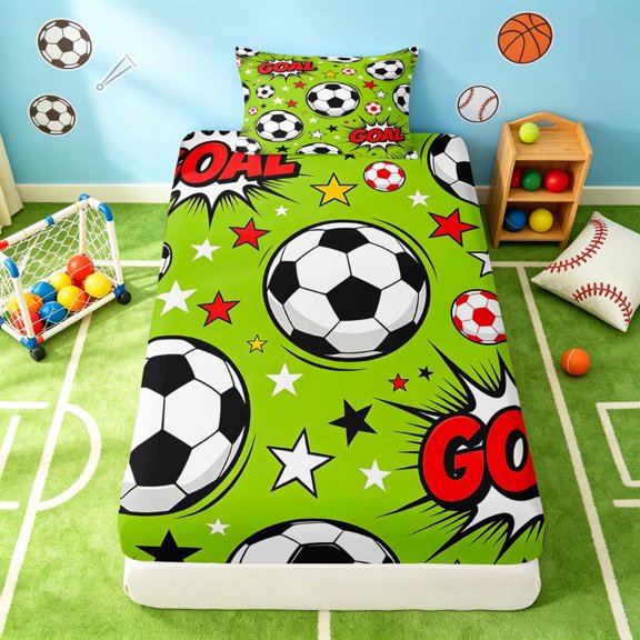 Manfei Football Sports Twin Fitted Sheet, Goal Print Bedding, Lime Green Soccer 2 Pieces, 1 Fitted Sheet and 1 Pillowcase