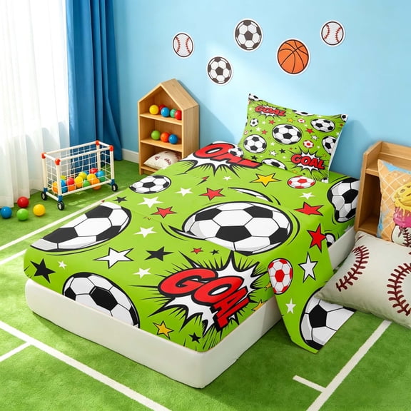 Manfei Football Sports Twin Sheets, Goal Print Bedding, Lime Green Soccer 3 Pieces(1 Flat Sheet, 1 Fitted Sheet and 1 Pillowcase)