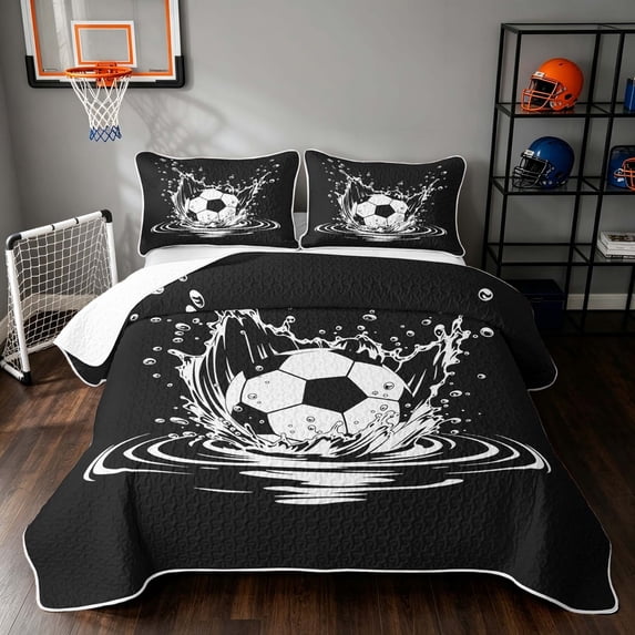 Manfei Football Twin Quilt Set, Sport Twin Coverlet Set, Black And White, Black Reversible 2pcs, 1 Bedspread and 1 Pillowcase
