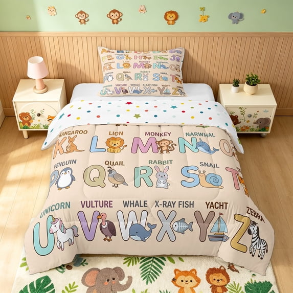 Manfei Forest Animals Twin Comforter Sets, Alphabet Letter Bedding Set, Peach, Polkadot Reversible, 2pcs, 1 Comforter and 1 Pillowcase