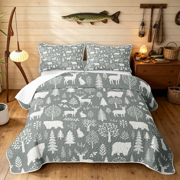 Manfei Forest Bear Elk Bed Spread Queen, Rustic Tree Plant Queen Coverlet Set, White Gray, Reversible, 3 Pieces, 1 Quilt and 2 Pillowcases