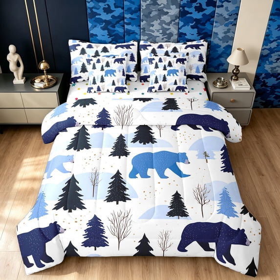 Manfei Forest Bear Twin Bedding, Waterclor Rustic Animal Bedding Comforter Set, White Navy, Polkadot Reversible, 7 Pieces