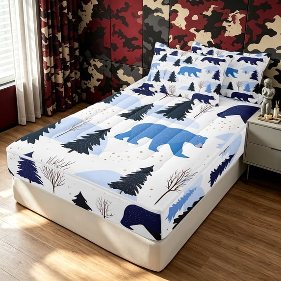 Manfei Forest Bear Zipper Queen Comforter Set with Fitted Sheet and 2 Pillowcases, Waterclor Rustic Animal Zipper Bedding Set, White Navy, Polkadot Reversible, 4 Pieces