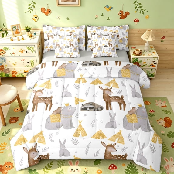 Manfei Forest Deer Bear Twin Bedding, Waterclor Cartoon Wildlife Bedding Comforter Set, White Tan, Gray Reversible, 7-Piece