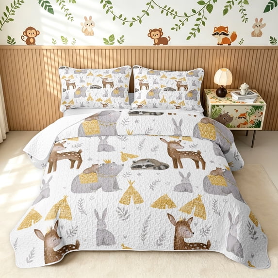 Manfei Forest Deer Bear Twin Quilt Set, Waterclor Cartoon Wildlife Twin Coverlet Set, White Tan, Gray Reversible, 2-Piece, 1 Bedspread and 1 Pillowcase