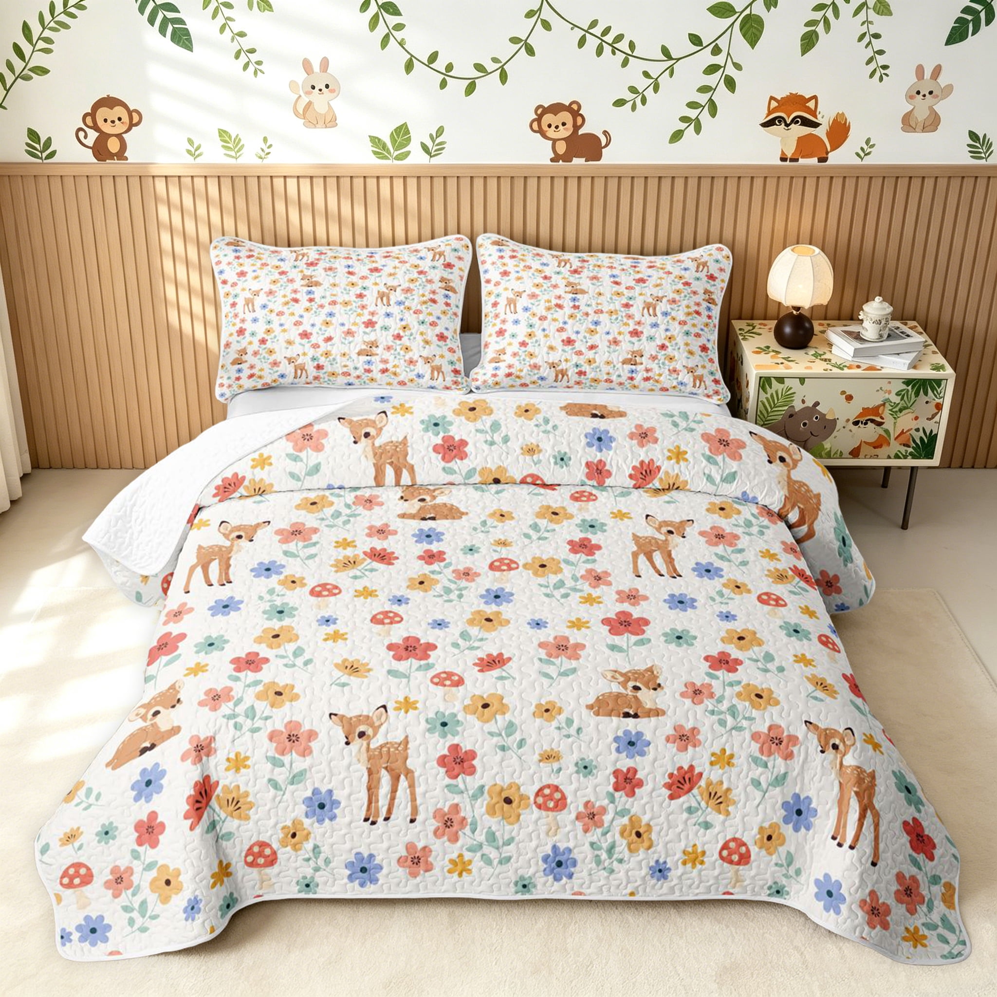 Spring Quilt Set Manfei Forest Deer Bed Spread Queen, Spring Flower Floral Queen ...