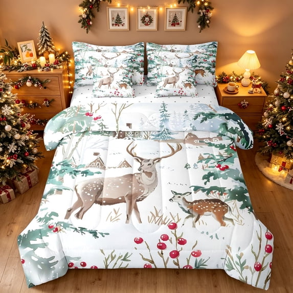 Manfei Forest Deer Twin Bedding, Winter Holiday Xmas Tree Bedding Comforter Set, White Green, Reversible, 7 Pieces
