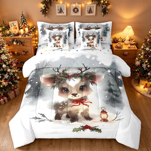 Manfei Forest Elk Full Size Bedding Sets, Merry Christmas Poinsettia Full Size Bed in a Bag, White Gray, Polkadot Reversible, 7-Piece