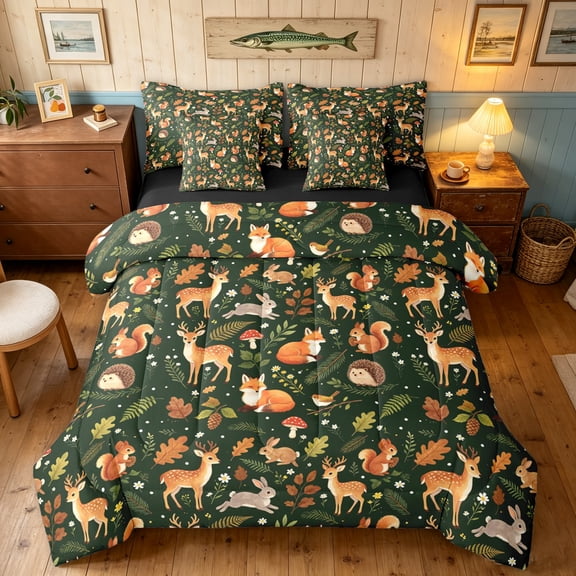 Manfei Forest Elk Squirrel Full Size Bedding Sets, Farmhouse Animal Plant Full Size Bed in a Bag, Dark Green, Black Reversible, 7-Piece