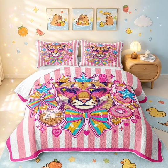 Manfei Forest Fashion Lion Twin Quilt Set, Boho Disco Ball Bowknot Twin Coverlet Set, Pink Red, Pink Reversible, 2 Pieces, 1 Bedspread and 1 Pillowcase