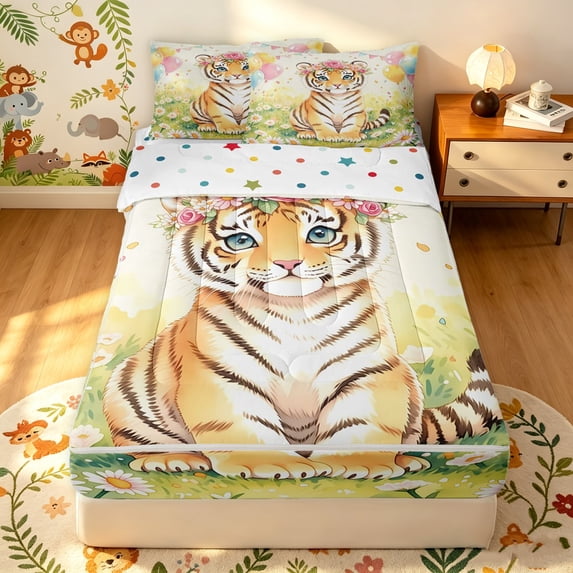 Manfei Forest Flower Tiger Zipper Twin Comforter Sets with Fitted Sheet and 2 Pillowcases, Kawaii Spring Groovy Zipper Bedding Set, Green Orange, Polkadot Reversible, 4pcs
