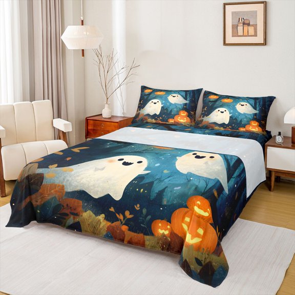 Manfei Forest Ghost Pumpkin Bed Sheets for Kids, Watercolor Fall Halloween Full Size Sheets, 4 Pieces, 1 Flat Sheet, 1 Fitted Sheet and 2 Pillowcases