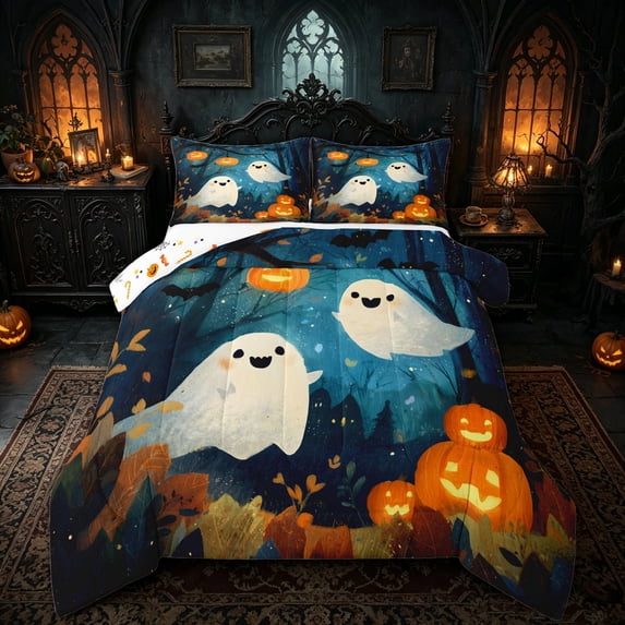 Manfei Forest Ghost Pumpkin Full Size Comforter Sets for Kids, Watercolor Fall Halloween Bedding Comforter Set, Halloween Reversible, 3 Pieces, 1 Comforter and 2 Pillowcases