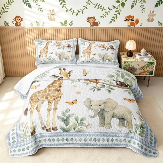 Manfei Forest Giraffe Animal Bed Spread Queen, Waterclor Elephant Queen Coverlet Set, White, Blue Reversible, 3-Piece, 1 Quilt and 2 Pillowcases