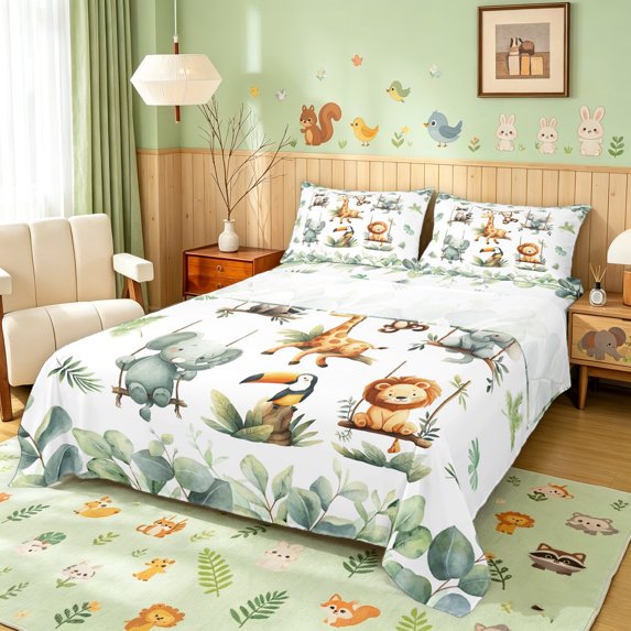 Manfei Forest Giraffe Lion Queen Sheets, Woodland Raccoon Elephant Queen Sheet Sets, White Green, 4 Pieces, 1 Flat Sheet, 1 Fitted Sheet and 2 Pillowcases