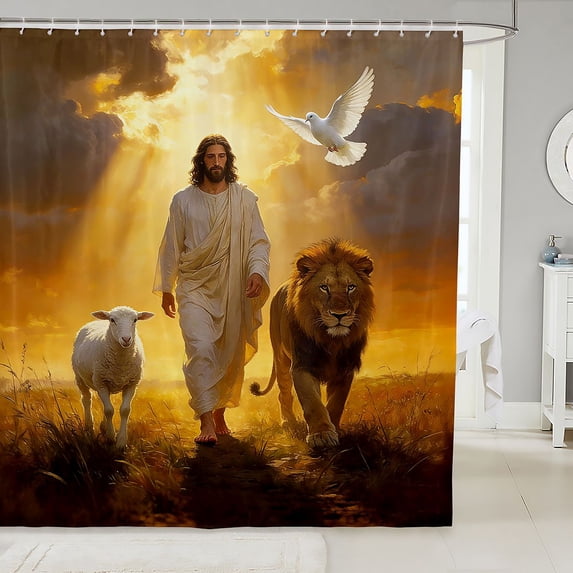 Manfei Forest Lion Sheep Shower Curtain 72Wx72L, Western Bible Theme Bathroom Curtain, Dark Brown Orange
