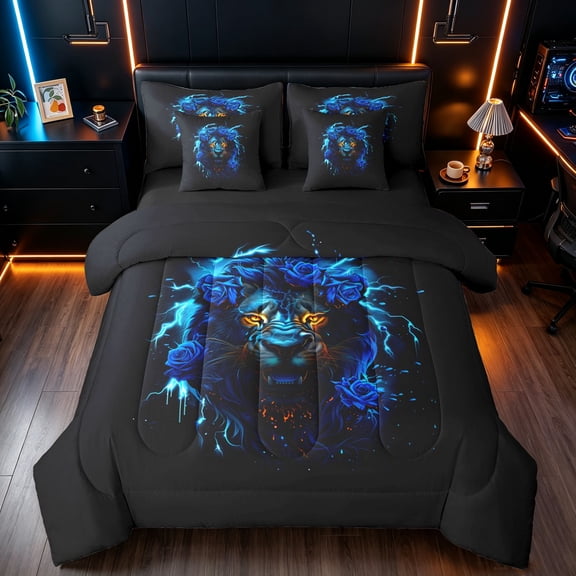 Manfei Forest Lion Twin Bedding, Lighnting Romantic Rose Bedding Comforter Set, Black Navy, Black Reversible, 7 Pieces
