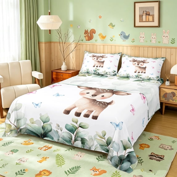 Manfei Forest Reindeer Bed Sheets, Ink Eucalyptus Leaves Full Size Sheets, White Brown, 4pcs, 1 Flat Sheet, 1 Fitted Sheet and 2 Pillowcases