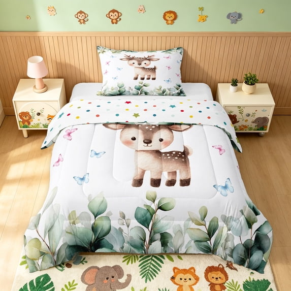Manfei Forest Reindeer Twin Comforter Sets, Ink Eucalyptus Leaves Bedding Set, White Brown, Polkadot Reversible, 2pcs, 1 Comforter and 1 Pillowcase