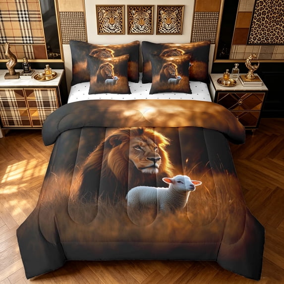 Manfei Forest Wildlife King Bedding, Jungle Sheep Lion King Bed in a Bag, Dark Brown, Reversible, 7 Pieces