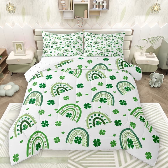 Manfei Four Leaf Clover Queen Comforter Set,Abstract bohemian Rainbow Bedding Sets,St.Patrick Day Bedding Comforter Set For Kids,Luxury Bedroom Decor Reversible,3-Piece