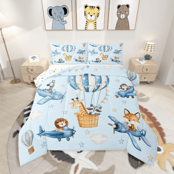 Manfei Fox Lion Giraffe Raccoon 3 Pieces Queen Comforter Set,Plane Hot Air Balloon Ultra Soft Bedding Sets,Cartoon Animal Bedding Comforter Set,Breathable Cute Bedroom Decorative,Reversible