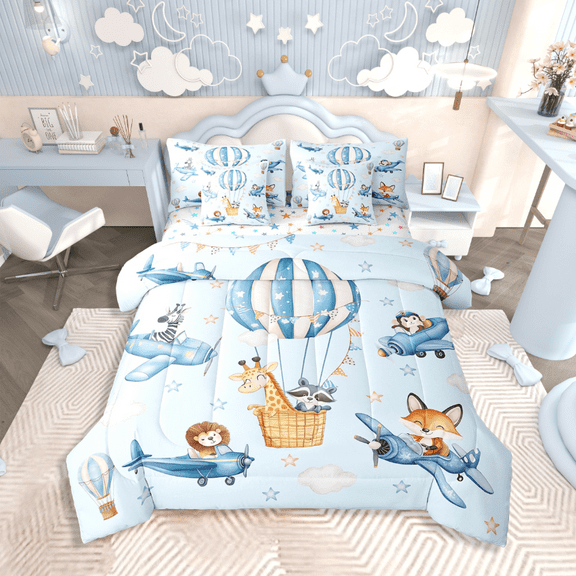 Manfei Fox Lion Giraffe Raccoon 7-Piece Twin Bedding Sets,Plane Hot Air Balloon Bedding Comforter Set,Cartoon Animal Breathable Sheet Sets,Breathable Cute Bedroom Decorative,Reversible