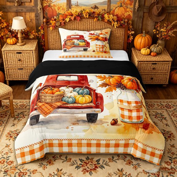 Manfei Framhouse Red Fall Truck Twin Comforter Sets for Kids, Autumn Bird Gingham Bedding Set, Black Reversible, 2-Piece, 1 Comforter and 1 Pillowcase