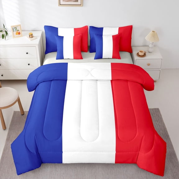 Manfei France Flag 7-Piece Twin Bedding,Blue White Red Bedding Comforter Set,Light Gray Reversible