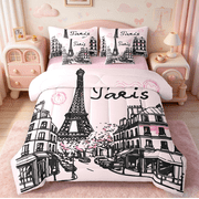 Manfei France Paris Bed in a Bag Queen Size,Eiffel Tower Bed Set,Romantic Pink Black Bedding Queen Size For Girls,Microf