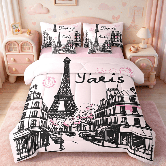 Manfei France Paris Bedding King Size,Eiffel Tower Comforter Sets with Sheets,Romantic Pink Black Bedding Sets King Size For Girls,Microfiber Bedroom Decor Reversible,7pcs