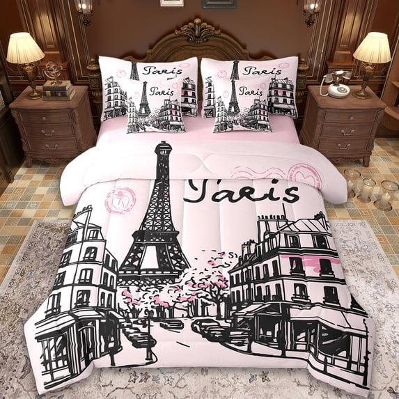 Manfei France Paris Bedding Twin Size,Eiffel Tower Comforter Sets with Sheets,Romantic Pink Black Bedding Sets Twin Size For Girls,Microfiber Bedroom Decor Reversible,7pcs