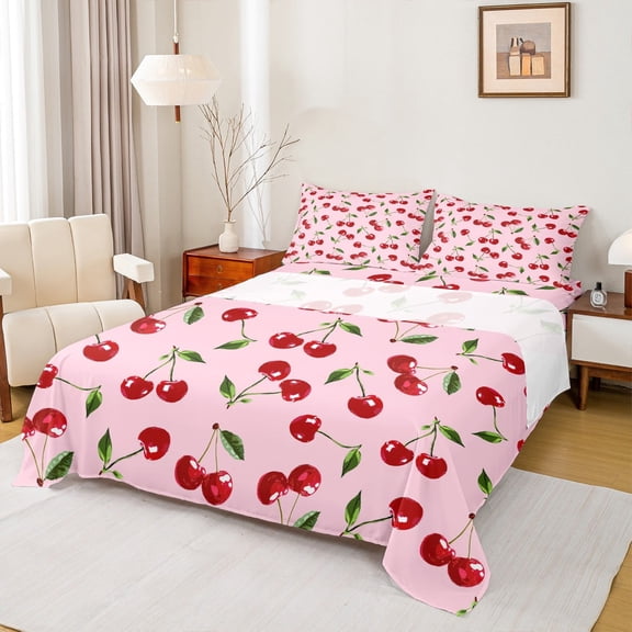 Feelyou Fresh Cherry Print Queen Sheet Sets, Girly Pink Flat Sheet, Cartoon Fruit Queen Fitted Sheet, Breathable Bedroom Decoration, 4-Piece
