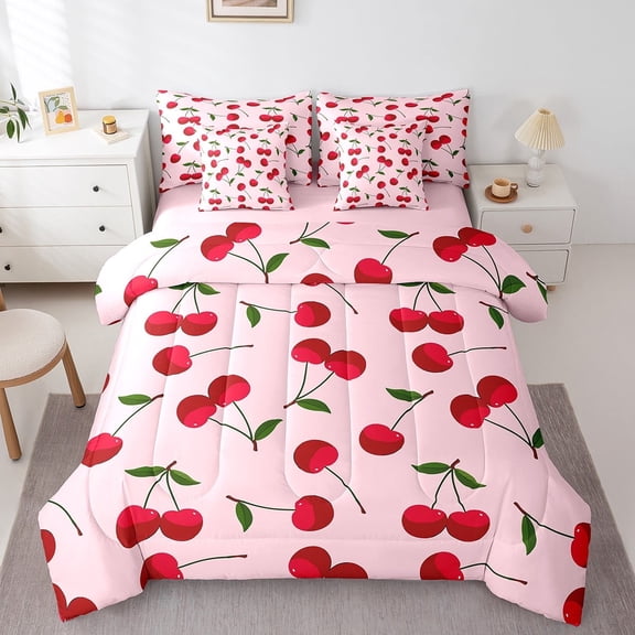 Feelyou Fresh Fruit Twin Bedding Sets 7-Piece, Cartoon Cherry Print Bedding Comforter Set, Teenager Boys Girls Sheet Sets, Breathable Room Decorative