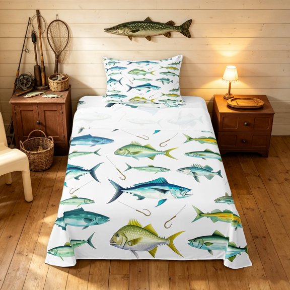 Manfei Freshwater Game Fish Twin Sheets, Fishing Hook Bedding, Teal Golden, 3 Pieces, 1 Flat Sheet, 1 Fitted Sheet and 1 Pillowcase