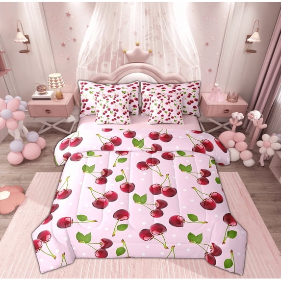 Manfei Fruit Cherry Bedding Queen Size, Polka Dots Bedding Sets Queen Size, Pink Cartoon Reversible Comforter Sets with Sheets, Lightweight Room Decorative, 7 Pieces