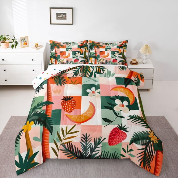 Manfei Fruit Red Strawberry Bedding Comforter Set 2pcs for Teens Boys Girls,Geometric Plaid Grid Twin Comforter Sets Microfiber,Vintage Aesthetics Breathable Bedding Set,Microfiber Bedroom Decor