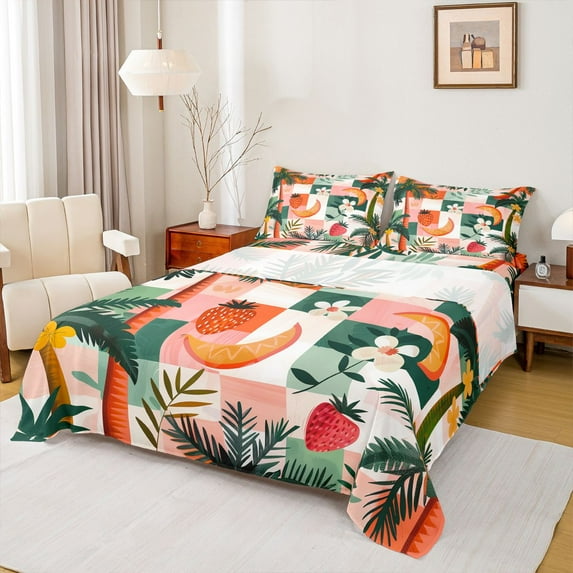 Manfei Fruit Red Strawberry Twin Sheet Sets 3pcs for Teens Boys Girls,Geometric Plaid Grid Twin Fitted Sheet Microfiber,Vintage Aesthetics Breathable Flat Sheet,Microfiber Bedroom Decor