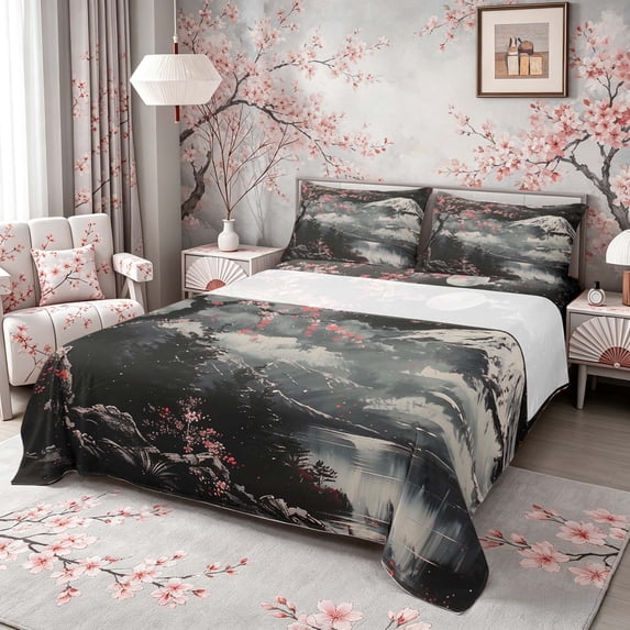 Manfei Fuji Mountain Lake Full Size Sheets, Red Plum Blossom Bed Sheets, Black Red Gray 4 Pieces, 1 Flat Sheet, 1 Fitted Sheet and 2 Pillowcases