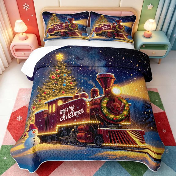 Manfei Fun Christmas Tree Quilt Full,Unique Train Full Bedspread Sets,3pcs,1 Coverlet and 2 Pillowcases