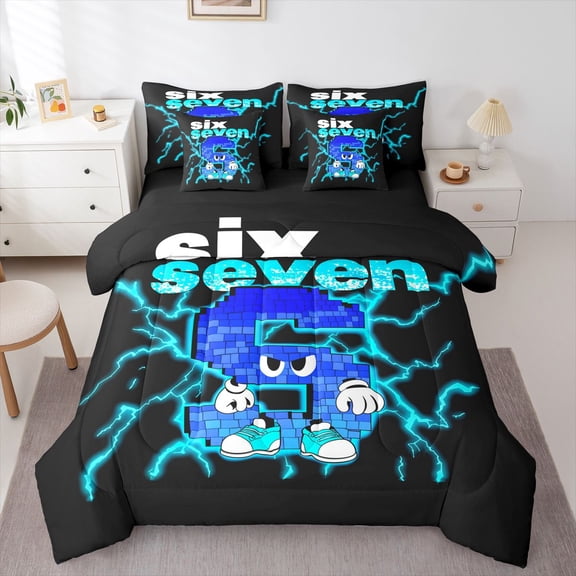 Manfei Fun Pixel Monogram S 7-Piece Twin Bedding,Cool Flash Print Bedding Comforter Set,Black Blue,Black Reversible