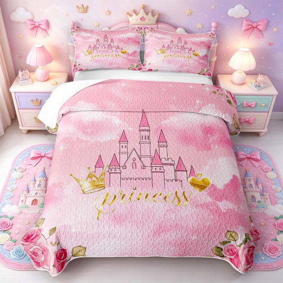 Manfei Fun Rose Bed Spread Queen,Royal Castle Queen Coverlet Set,3pcs,1 Quilt and 2 Pillowcases