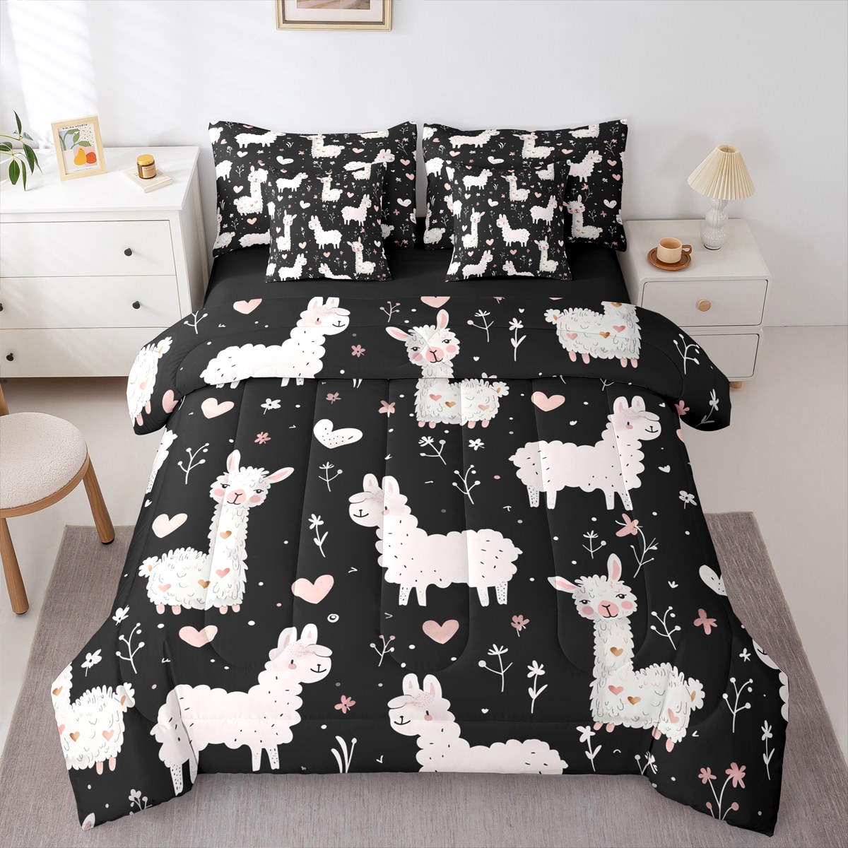 Reversible Sheets Manfei Funny Alpaca Teens Twin Bedding Sets 7-Piece, Kawaii Cartoon ...