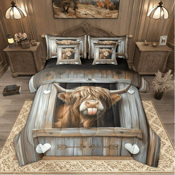 Manfei Funny Animal Bedding Comforter Set, Cute Highland Cow King Bedding Sets, Brown Gray Barn Door Bed Sheets, Breathable Farmhouse Home Decor Reversible 7 Pieces