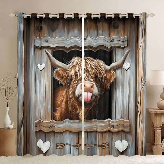 Manfei Funny Animal Curtains Pack of 2 (42x84 Each), Cute Highland Cow Curtains Blackout, Brown Gray Barn Door Bedroom Curtains, Luxurious Farmhouse Home Decor