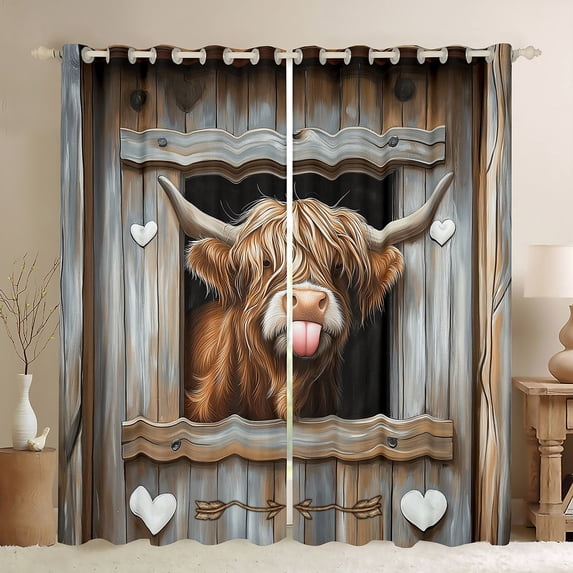 Manfei Funny Animal Curtains Pack of 2 (42x84 Each), Cute Highland Cow Curtains Blackout, Brown Gray Barn Door Bedroom Curtains, Luxurious Farmhouse Home Decor